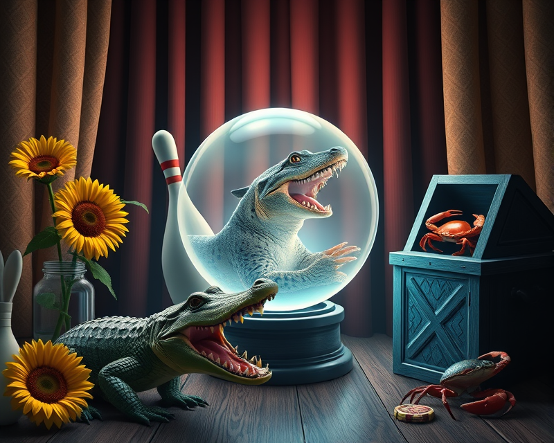 bowling ball, crystal ball, curtain, alligator, jar, bunny, poker chip, cub, shark, panther, sunflower, crab, coffin